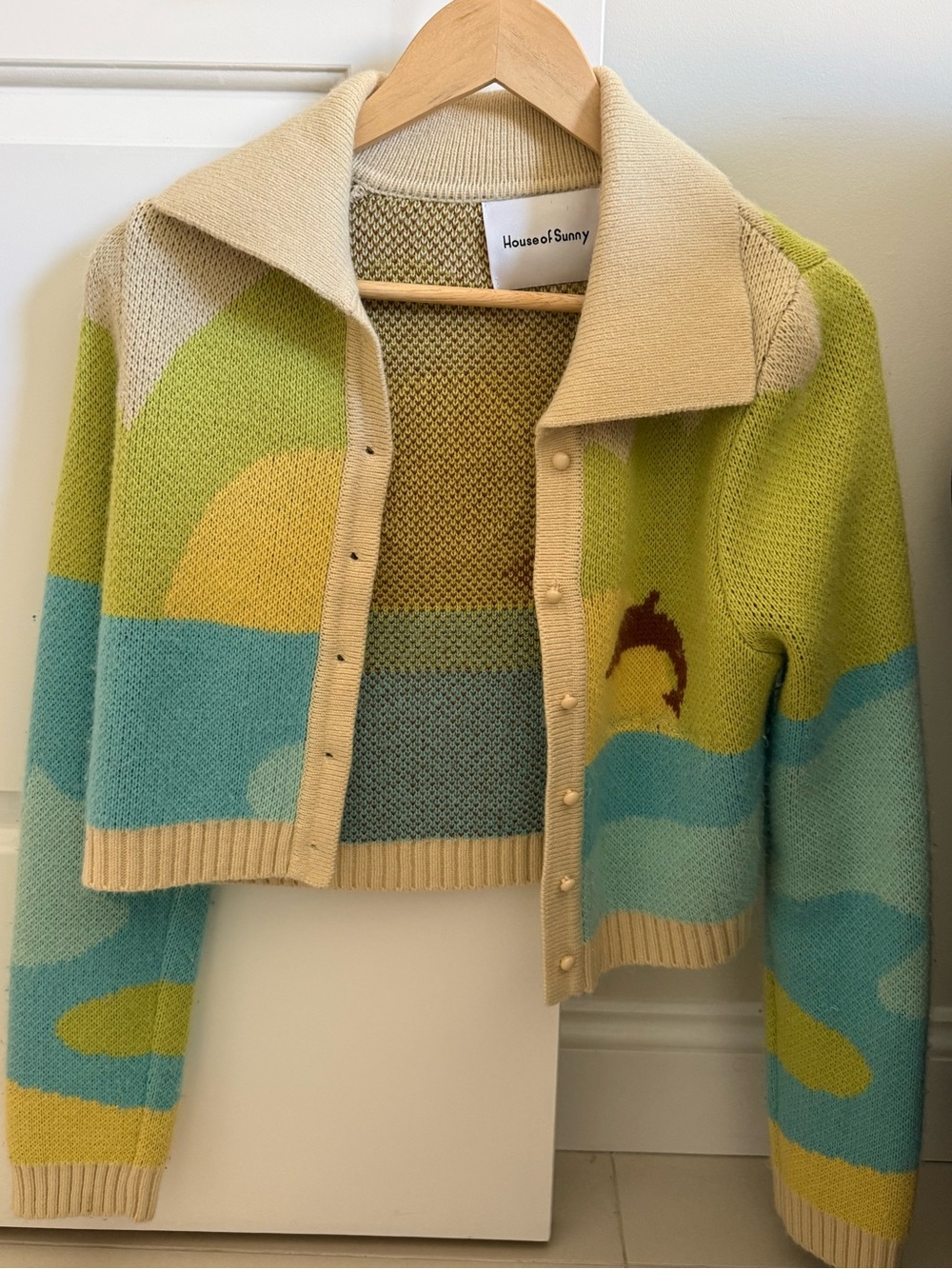 House of Sunny Pastel Yellow Blue Cream Cropped Cardigan - Picture 2 of 4